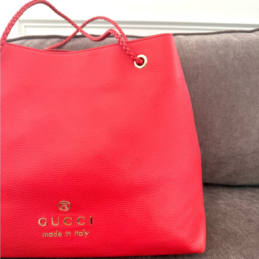 Authentic Gucci Gifford Tote Bag coral red leather large size braided handles - Picture 15 of 16